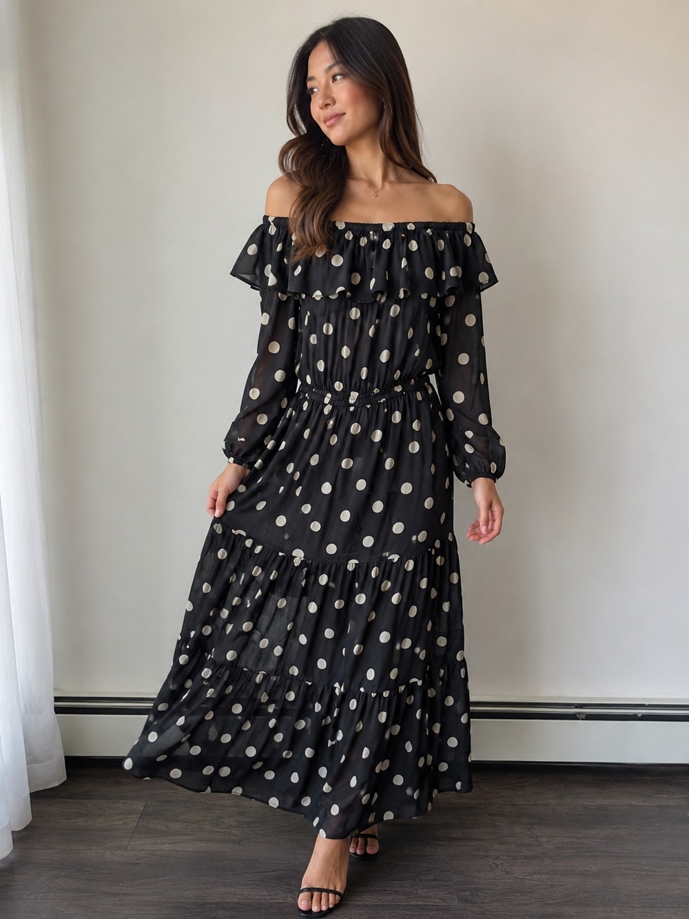 Black Polka Dot One-Shoulder Maxi Dress with Ruffle Detail
